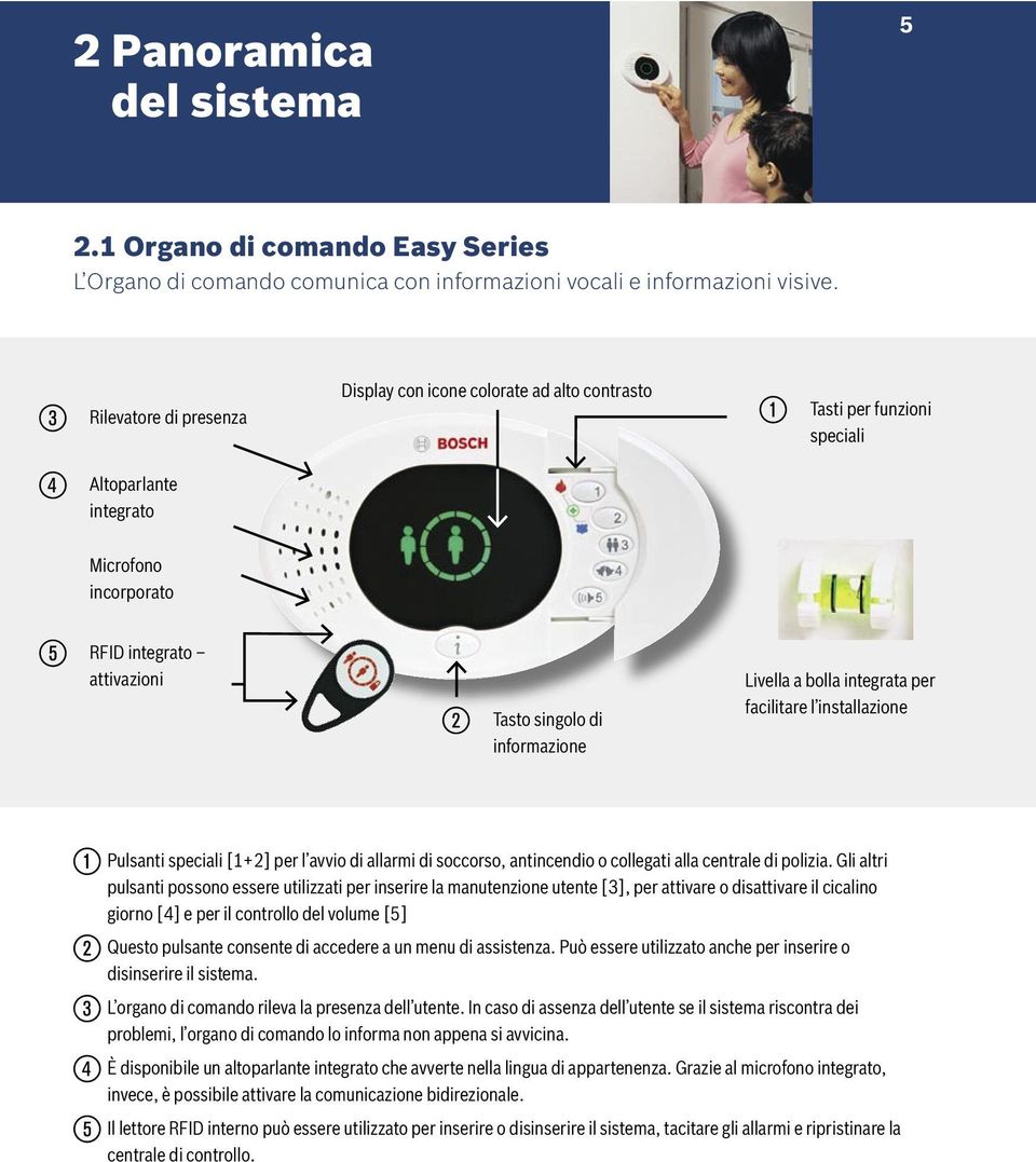 Livella a bolla integrata per facilitare l installazione Pulsanti speciali [1+2] per l avvio di allarmi di soccorso, antincendio o collegati alla centrale di polizia.