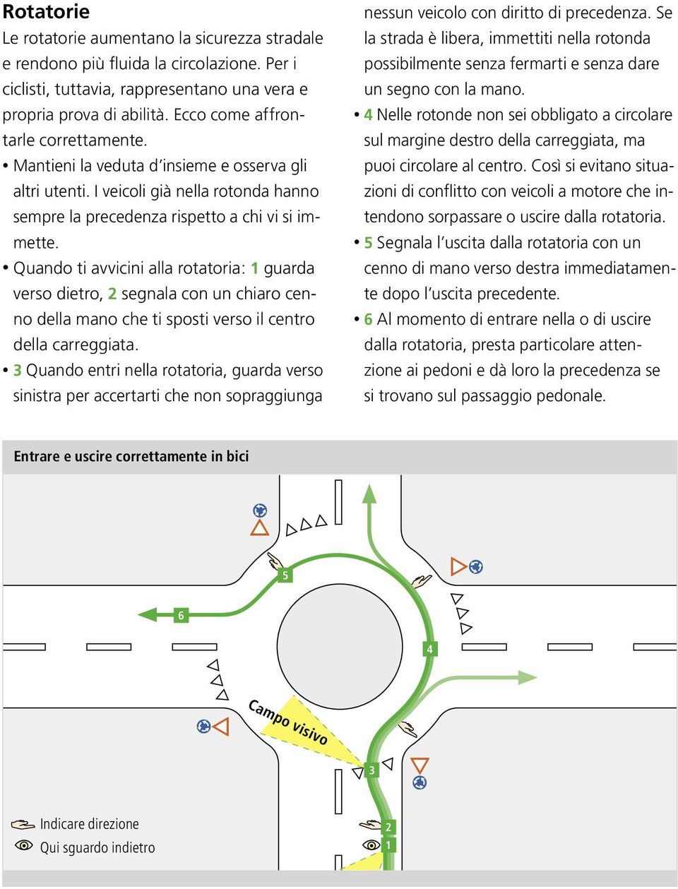 Quando ti avvicini alla rotatoria: 1 guarda verso dietro, 2 segnala con un chiaro cenno della mano che ti sposti verso il centro della carreggiata.