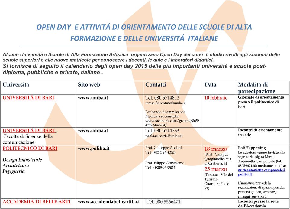 Si fornisce di seguito il calendario degli open day 2015 delle più importanti università e scuole postdiploma, pubbliche e private, italiane.