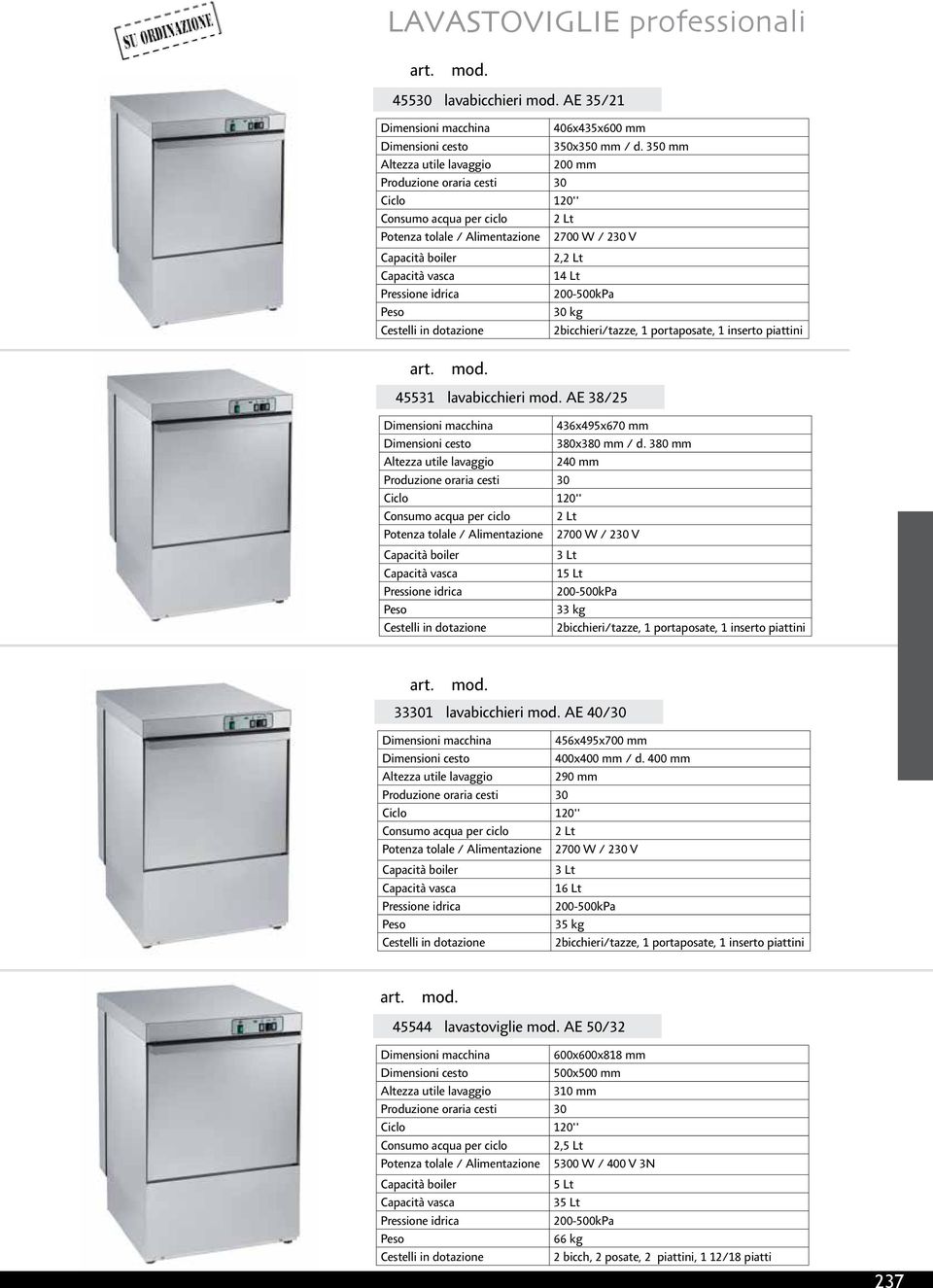 Cestelli in dotazione 2,2 Lt 14 Lt 200-500kPa 30 kg 2bicchieri/tazze, 1 portaposate, 1 inserto piattini mod. 45531 lavabicchieri mod.