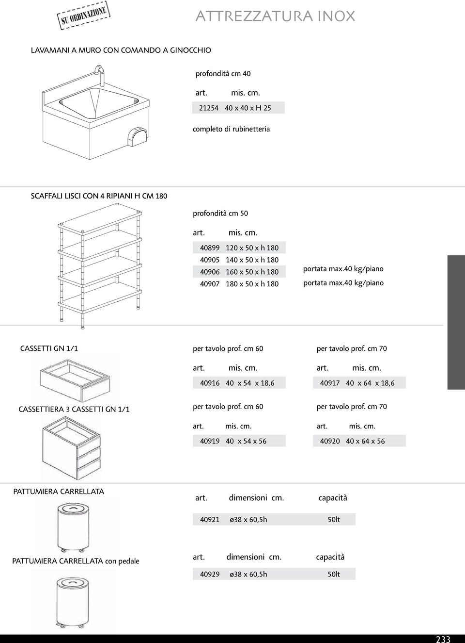 40 kg/piano CASSETTI GN 1/1 per tavolo prof. cm 60 per tavolo prof. cm 70 40916 40 x 54 x 18,6 40917 40 x 64 x 18,6 CASSETTIERA 3 CASSETTI GN 1/1 per tavolo prof.