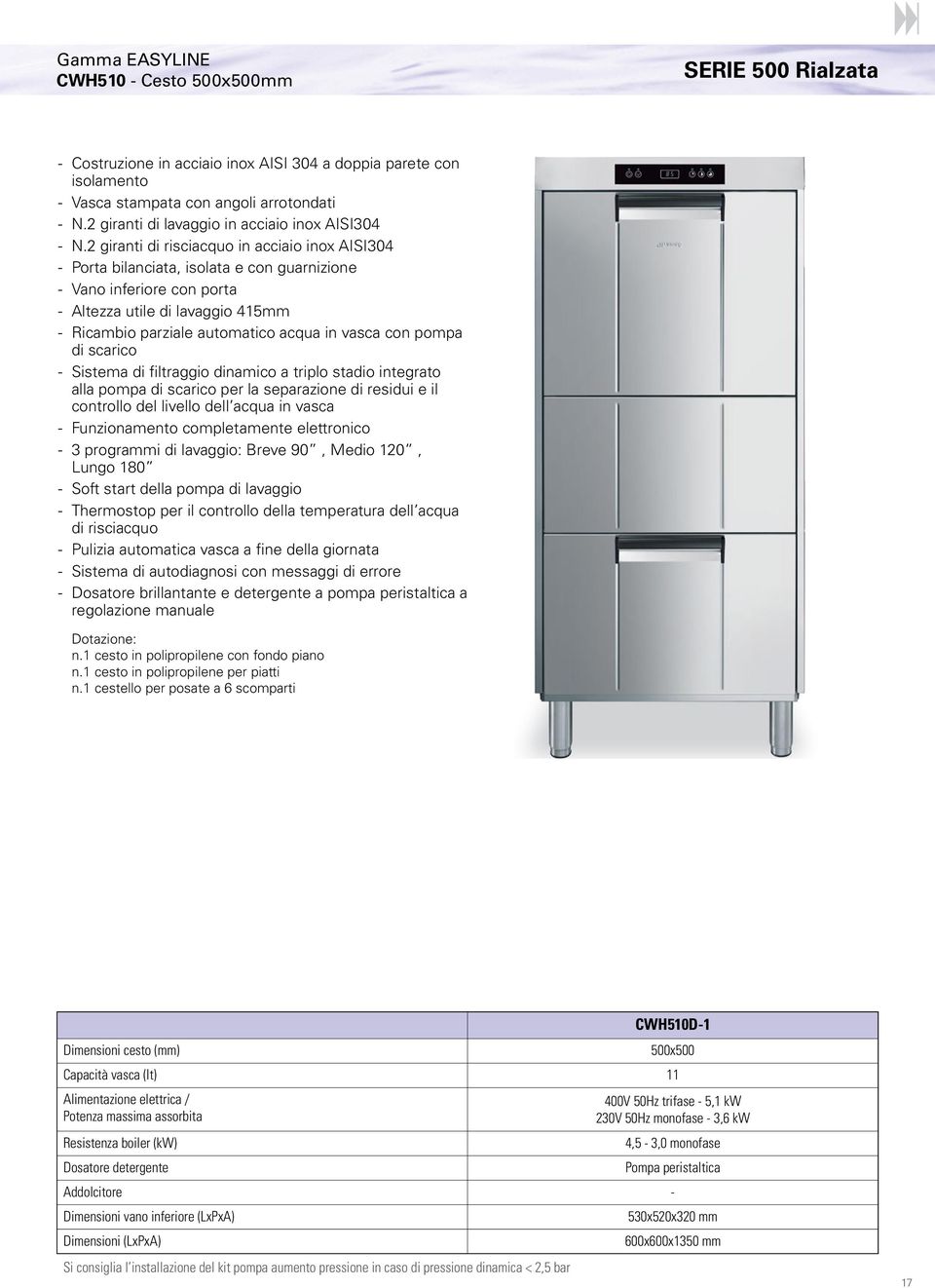 1 cestello per posate a 6 scomparti Dimensioni cesto (mm) CWH510D-1 Capacità vasca (lt) 11 Resistenza boiler (kw) Dosatore detergente 500x500 400V 50Hz trifase - 5,1 kw 230V 50Hz