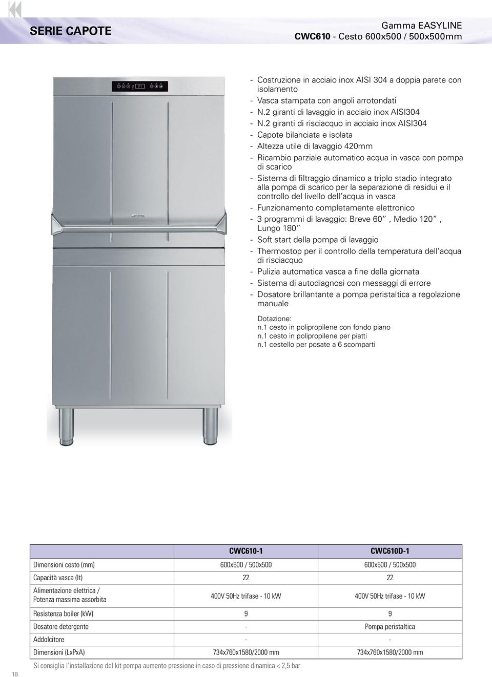 1 cestello per posate a 6 scomparti 18 CWC610-1 Si consiglia l installazione del kit pompa aumento pressione in caso di pressione dinamica < 2,5 bar CWC610D-1 Dimensioni cesto (mm)