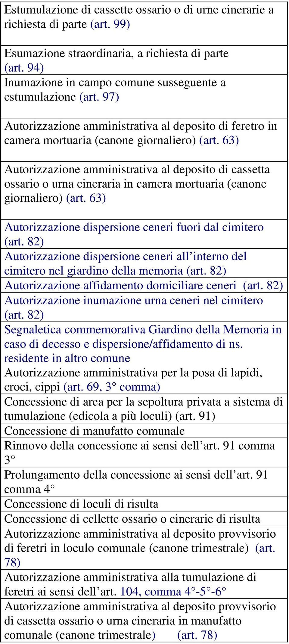 63) Autorizzazione amministrativa al deposito di cassetta ossario o urna cineraria in camera mortuaria (canone giornaliero) (art.