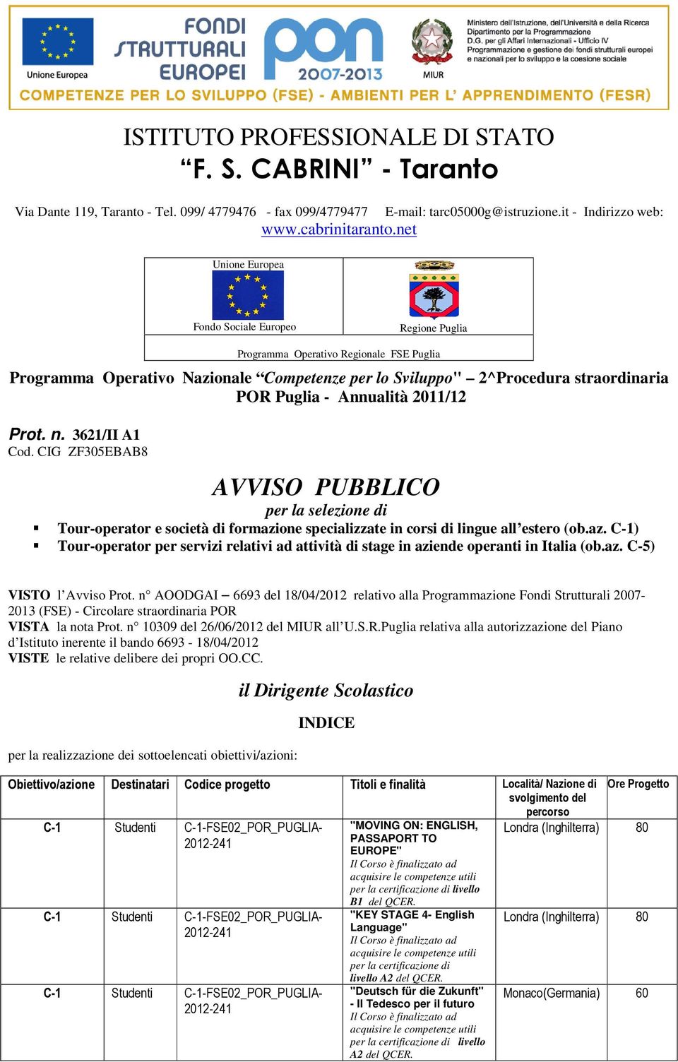 CIG ZF305EBAB8 Programma Operativo Regionale FSE Puglia AVVISO PUBBLICO per la selezione di Tour-operator e società di formazi