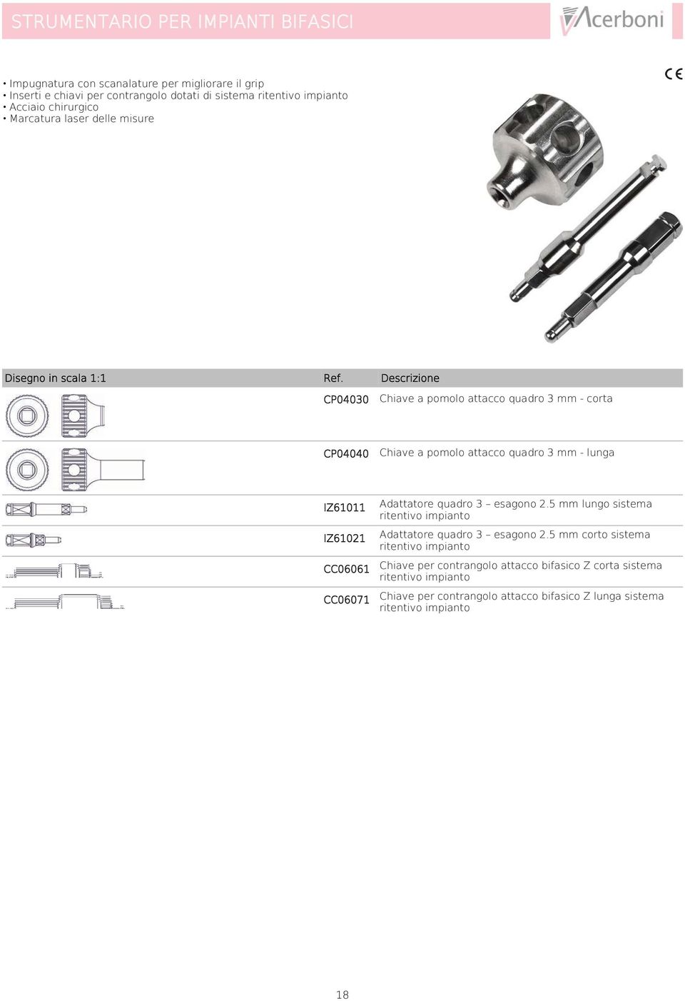 IZ61011 IZ61021 CC06061 CC06071 Adattatore quadro 3 esagono 2.5 mm lungo sistema ritentivo impianto Adattatore quadro 3 esagono 2.