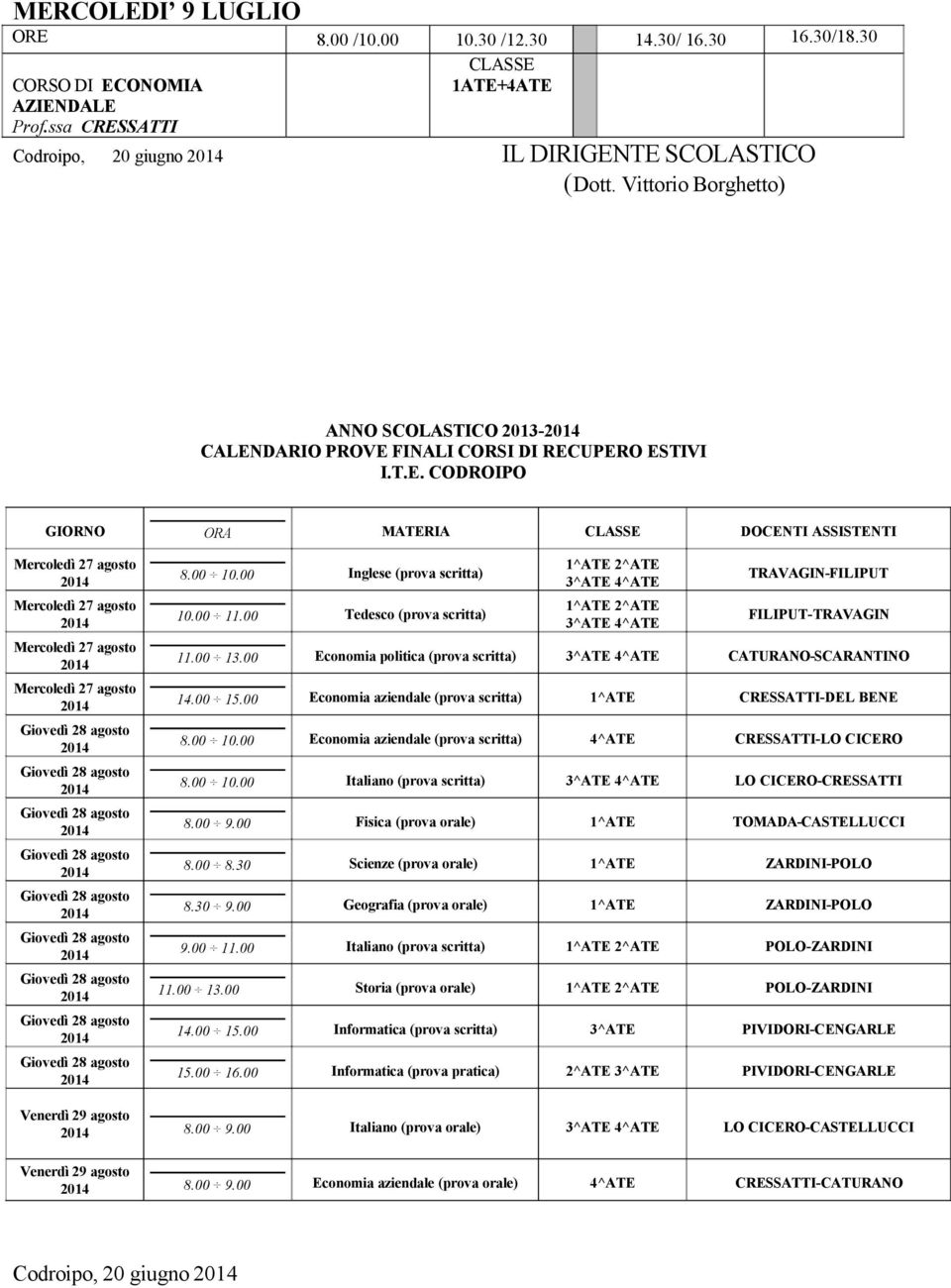 00 Tedesco (prova scritta) 1^ATE 2^ATE 3^ATE 4^ATE 1^ATE 2^ATE 3^ATE 4^ATE TRAVAGIN-FILIPUT FILIPUT-TRAVAGIN 11.00 13.00 Economia politica (prova scritta) 3^ATE 4^ATE CATURANO-SCARANTINO 14.00 15.