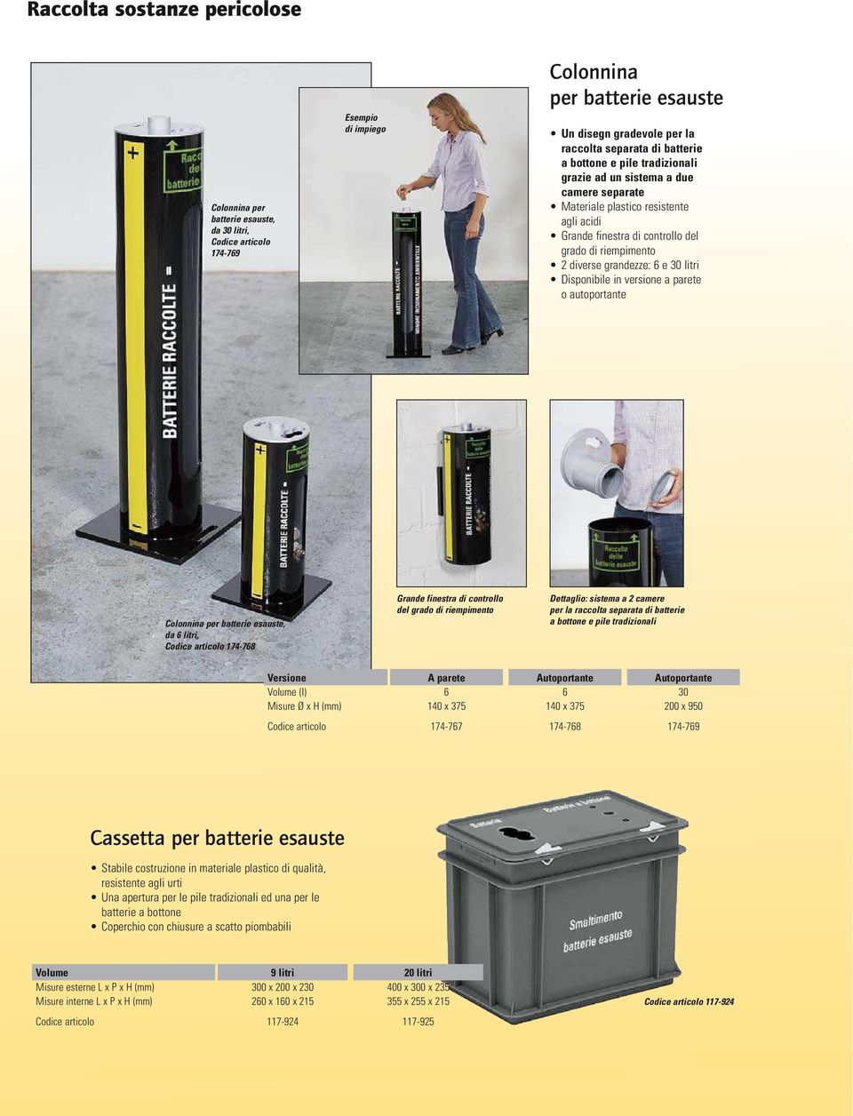 Disponibile in versione a parete o autoportante Colonnina per batterie esauste, da 6 litri, 174-768 Grande finestra di controllo del grado di riempimento Dettaglio: sistema a 2 camere per la raccolta