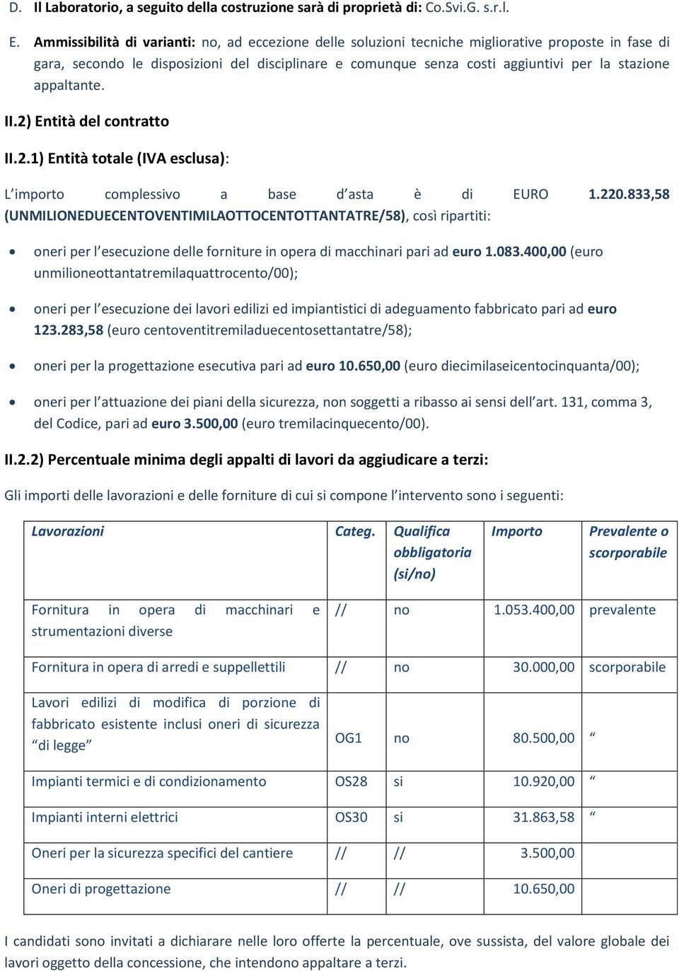 appaltante. II.2) Entità del contratto II.2.1) Entità totale (IVA esclusa): L importo complessivo a base d asta è di EURO 1.220.