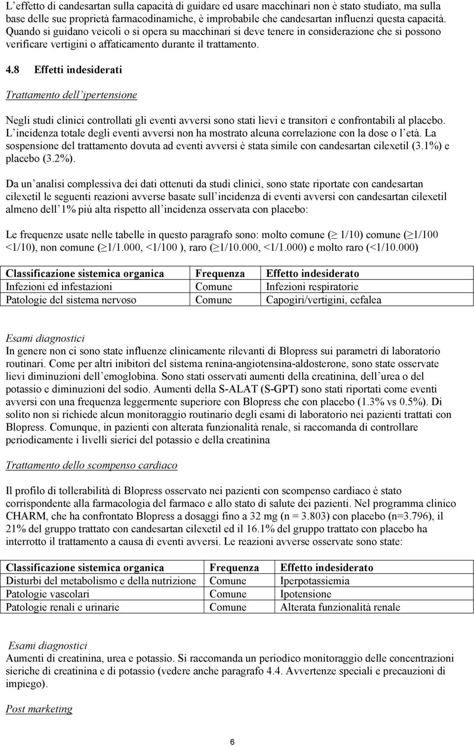 8 Effetti indesiderati Trattamento dell ipertensione Negli studi clinici controllati gli eventi avversi sono stati lievi e transitori e confrontabili al placebo.