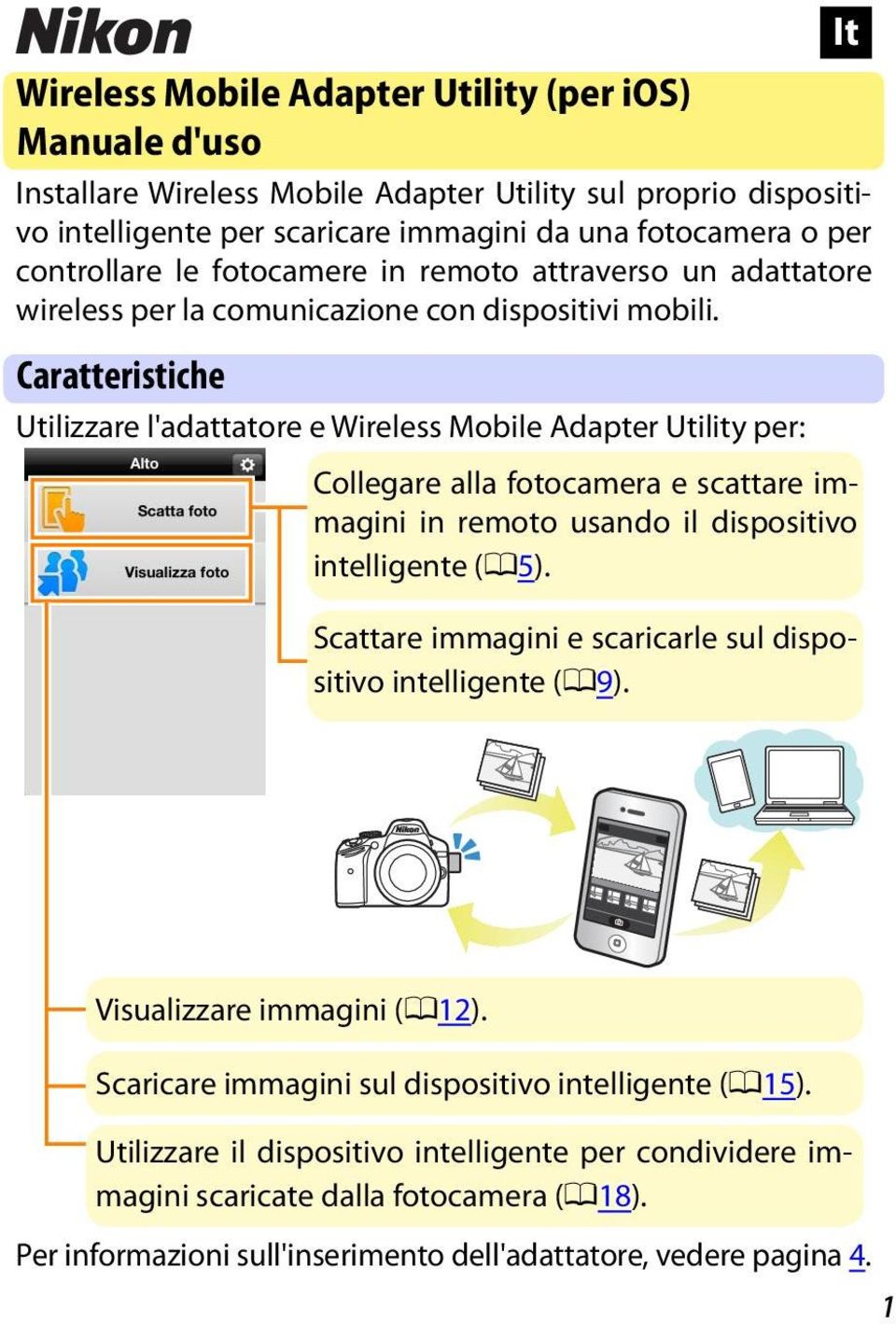 Caratteristiche Utilizzare l'adattatore e Wireless Mobile Adapter Utility per: It Collegare alla fotocamera e scattare immagini in remoto usando il dispositivo intelligente (05).