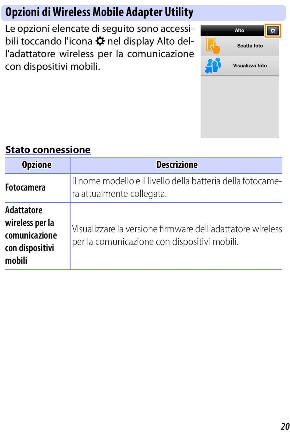 Stato connessione Opzione Fotocamera Adattatore wireless per la comunicazione con dispositivi mobili Descrizione Il nome