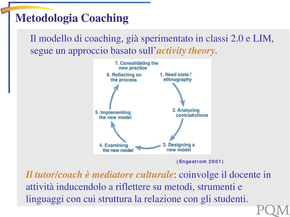 (Engestrom 2001) Il tutor/coach è mediatore culturale: coinvolge il docente in