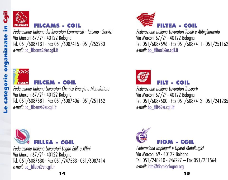 it FILTEA - CGIL Federazione Italiana Lavoratori Tessili e Abbigliamento Tel. 051/6087596 - Fax 051/6087411-051/251162 e-mail: bo_filtea@er.cgil.