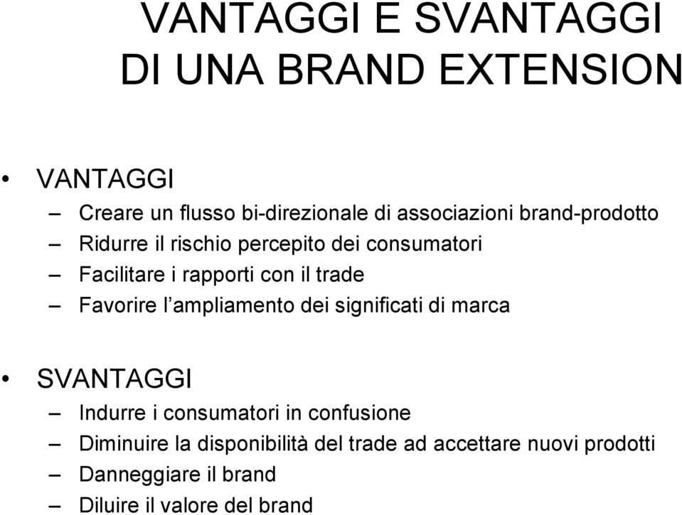 Favorire l ampliamento dei significati di marca SVANTAGGI Indurre i consumatori in confusione