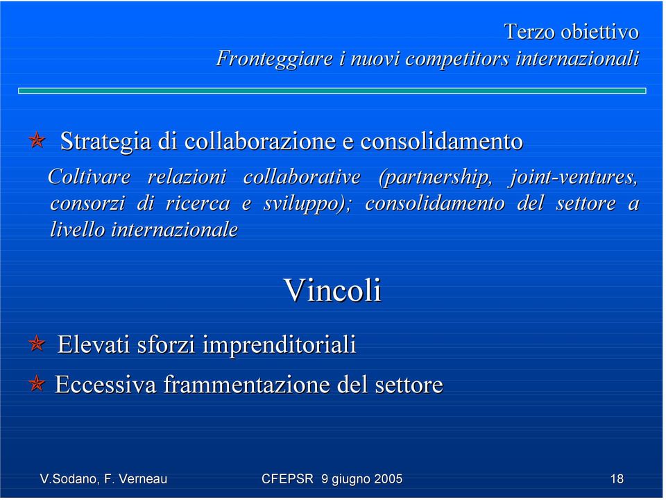 di ricerca e sviluppo); consolidamento del settore a livello internazionale Vincoli Elevati