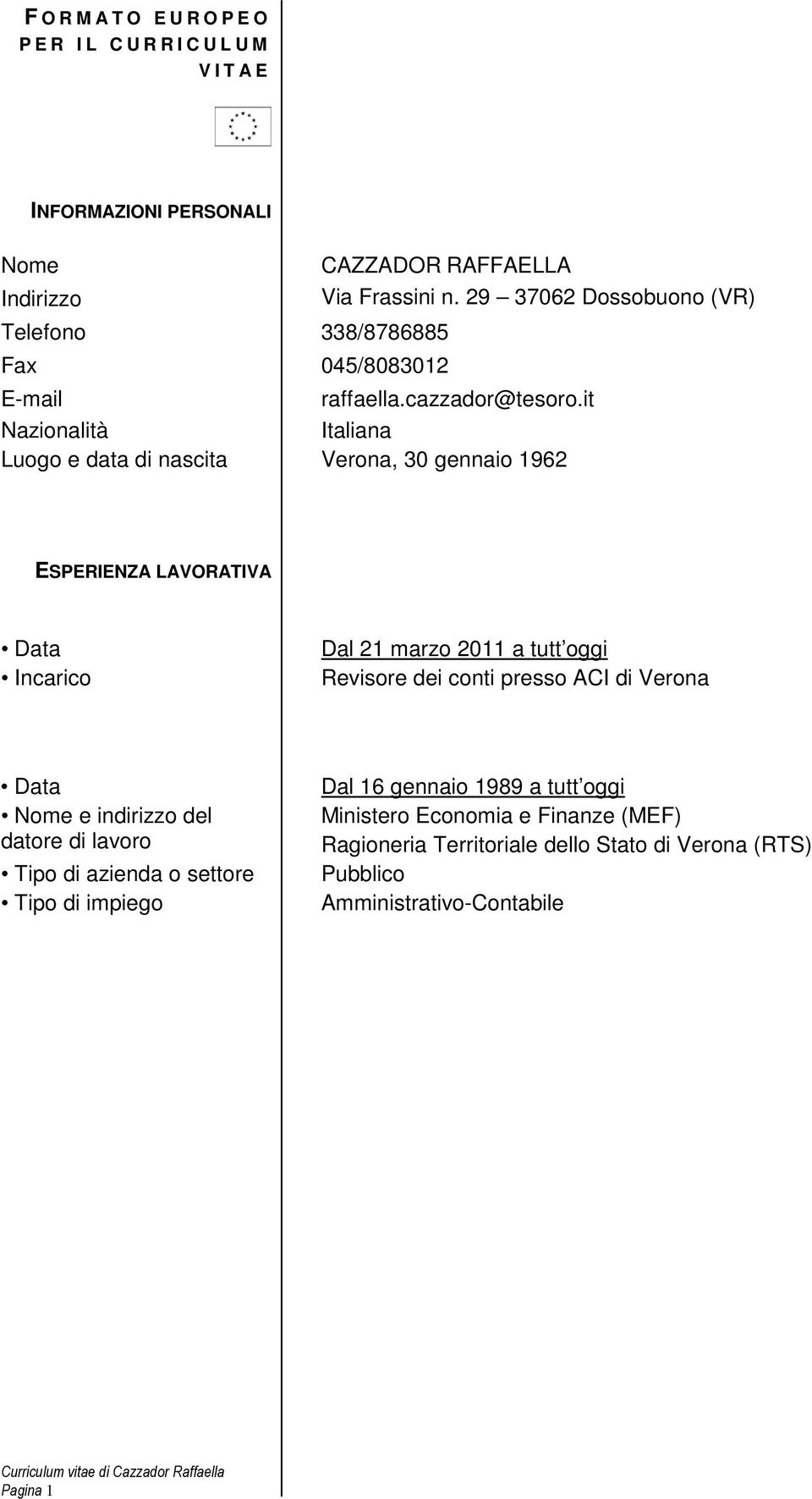 it Nazionalità Italiana Luogo e data di nascita Verona, 30 gennaio 1962 ESPERIENZA LAVORATIVA Incarico Dal 21 marzo 2011 a tutt oggi Revisore dei conti presso ACI