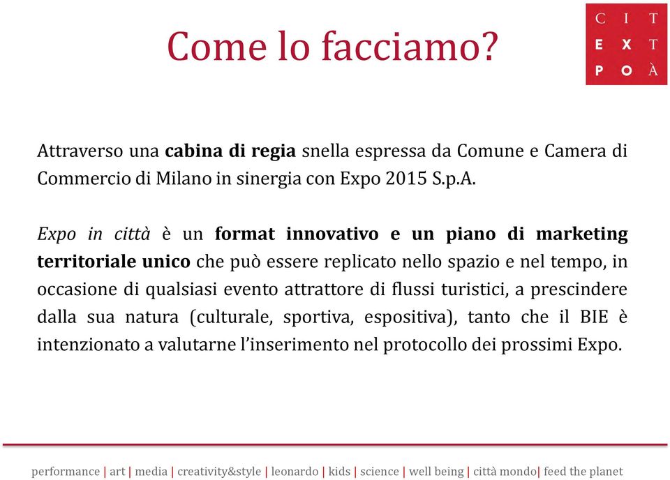 Expo in città è un format innovativo e un piano di marketing territoriale unico che può essere replicato nello spazio e nel tempo, in occasione di