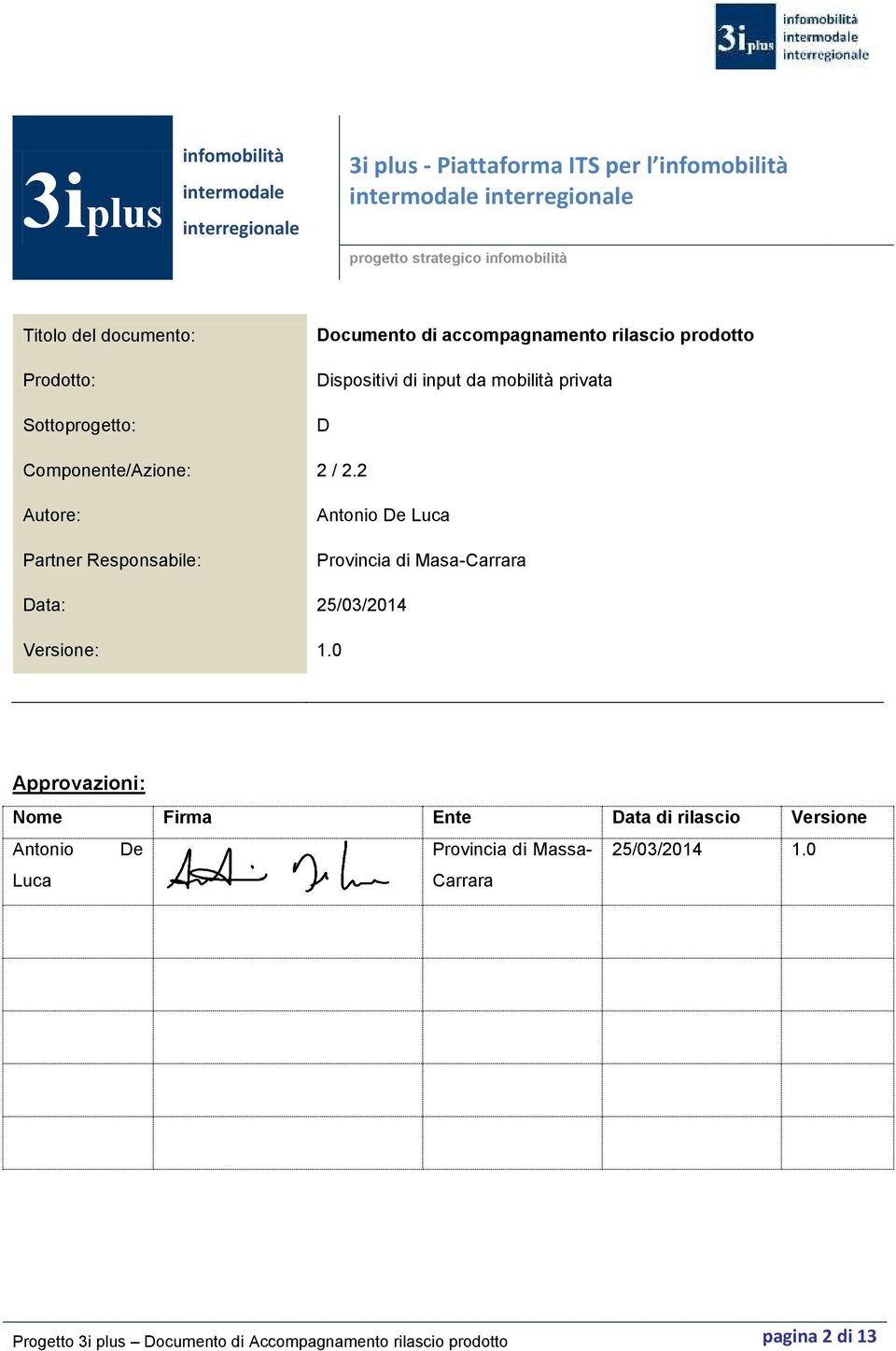 Componente/Azione: 2 / 2.2 Autore: Partner Responsabile: Antonio De Luca Provincia di Masa-Carrara Data: 25/03/2014 Versione: 1.