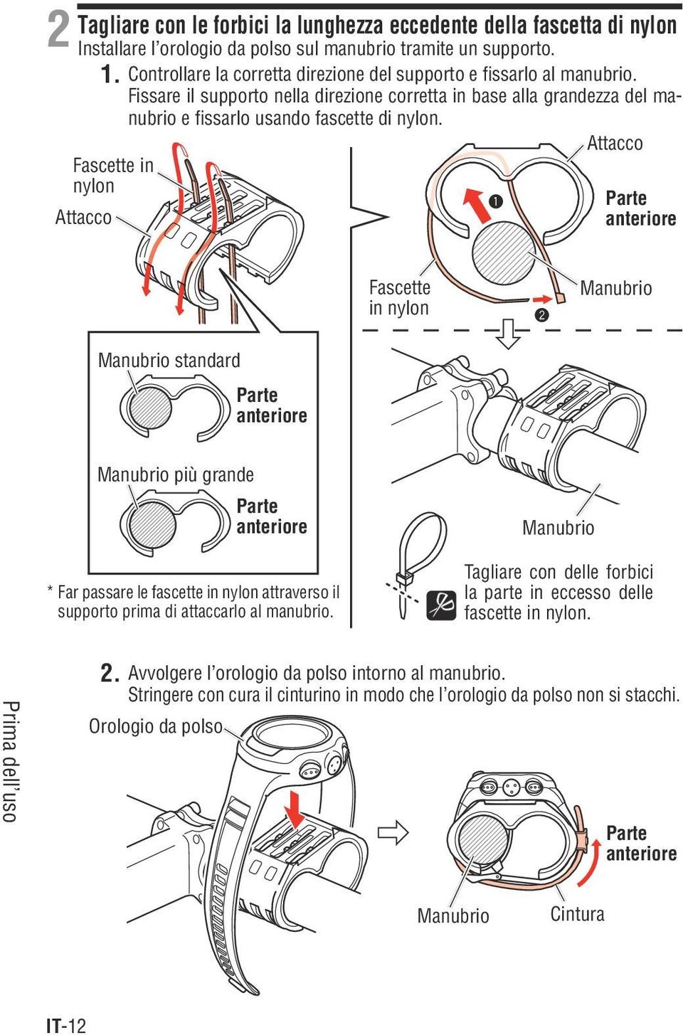 Attacco Fascette in nylon 1 Parte Attacco anteriore Fascette in nylon 2 Manubrio Manubrio standard Parte anteriore Manubrio più grande Parte anteriore * Far passare le fascette in nylon attraverso il