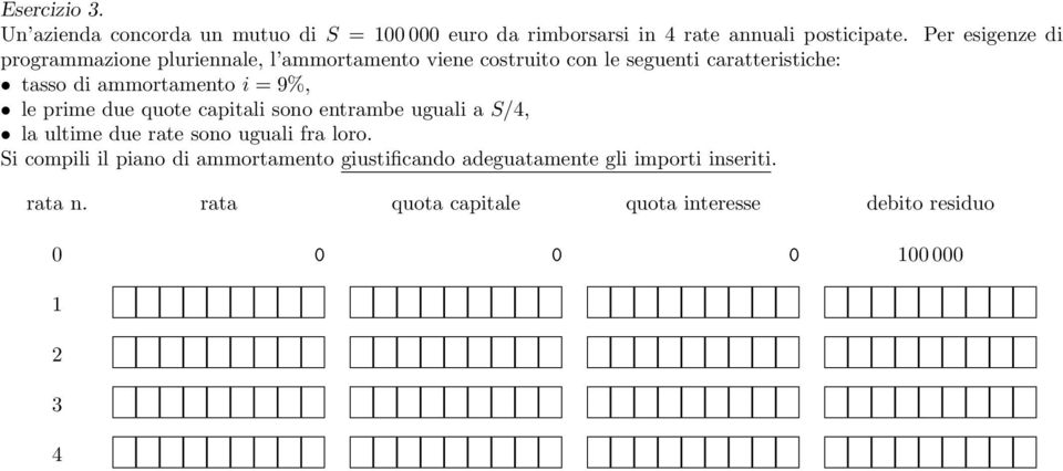 ammortamento i = 9%, le prime due quote capitali sono entrambe uguali a S/4, la ultime due rate sono uguali fra loro.