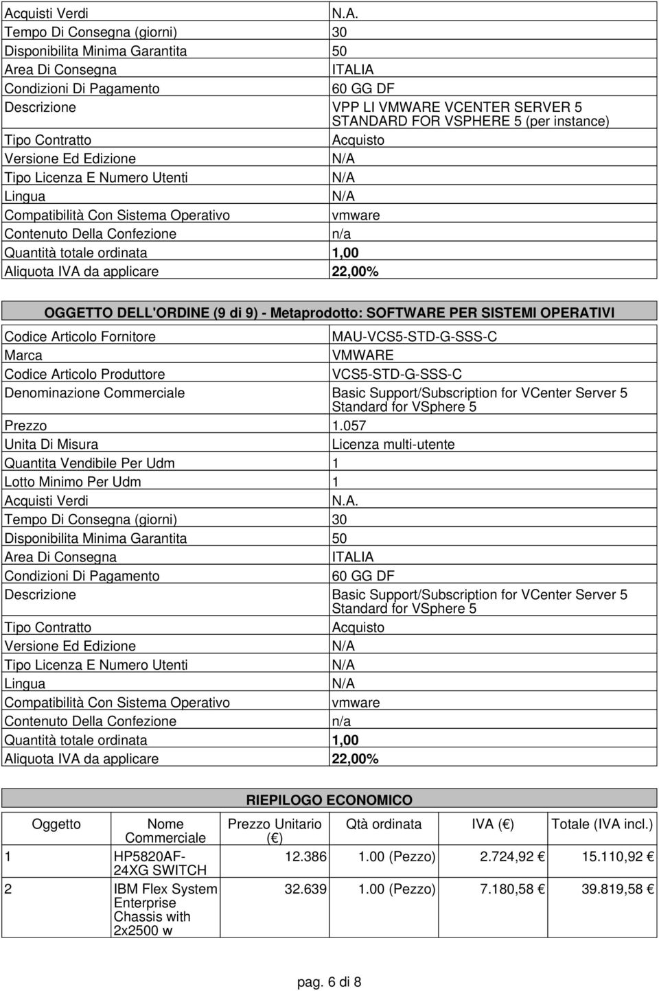 057 Licenza multi-utente Quantita Vendibile Per Udm 1 Lotto Minimo Per Udm 1 Basic Support/Subscription for VCenter Server 5 Standard for VSphere 5 vmware n/a Oggetto Nome Commerciale