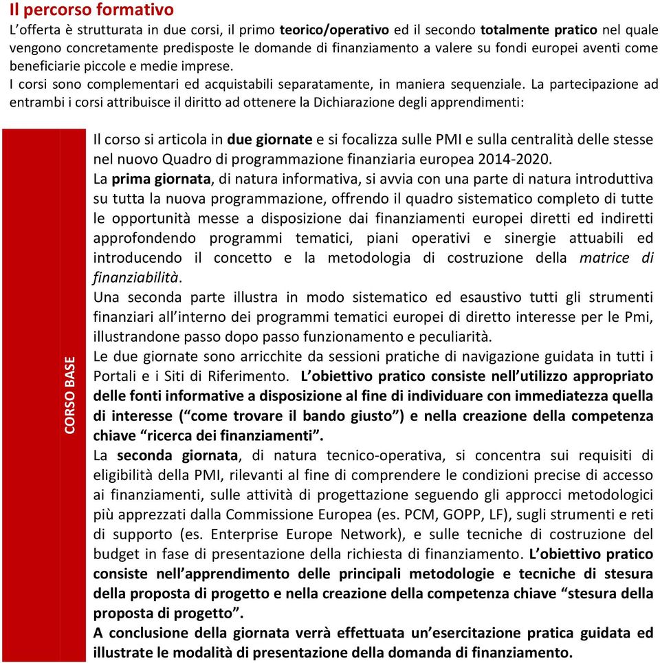 La partecipazione ad entrambi i corsi attribuisce il diritto ad ottenere la Dichiarazione degli apprendimenti: CORSO BASE Il corso si articola in due giornate e si focalizza sulle PMI e sulla