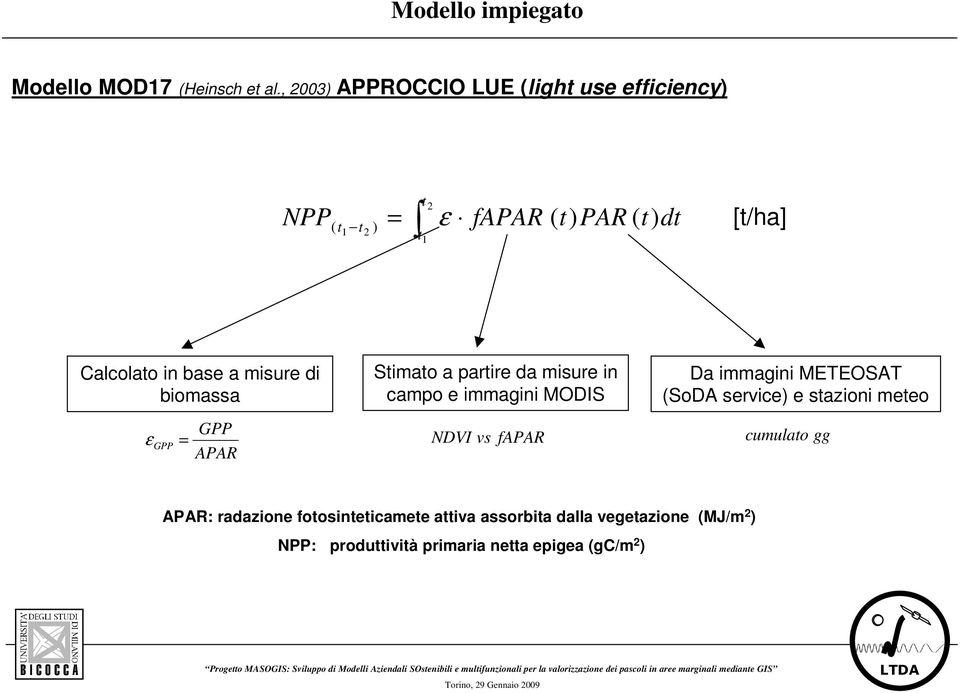 base a misure di biomassa ε = GPP GPP APAR Stimato a partire da misure in campo e immagini MODIS Da immagini