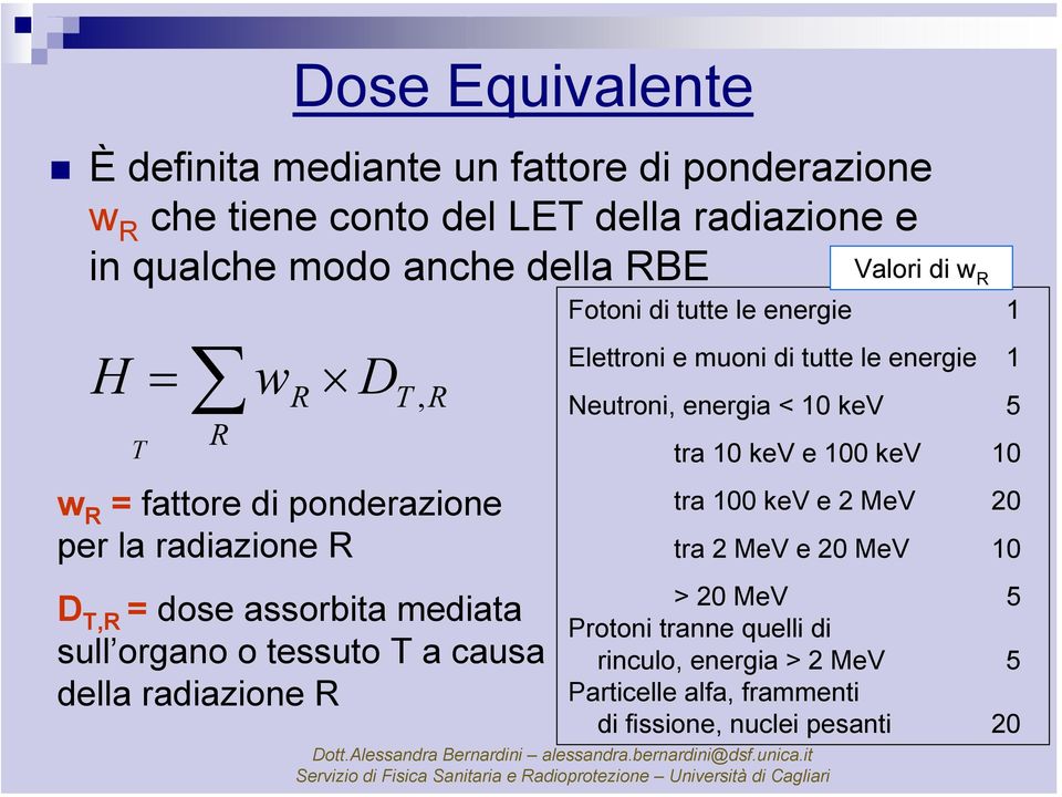 Valori di w R Fotoni di tutte le energie 1 Elettroni e muoni di tutte le energie 1 Neutroni, energia < 10 kev 5 tra 10 kev e 100 kev 10 tra 100 kev