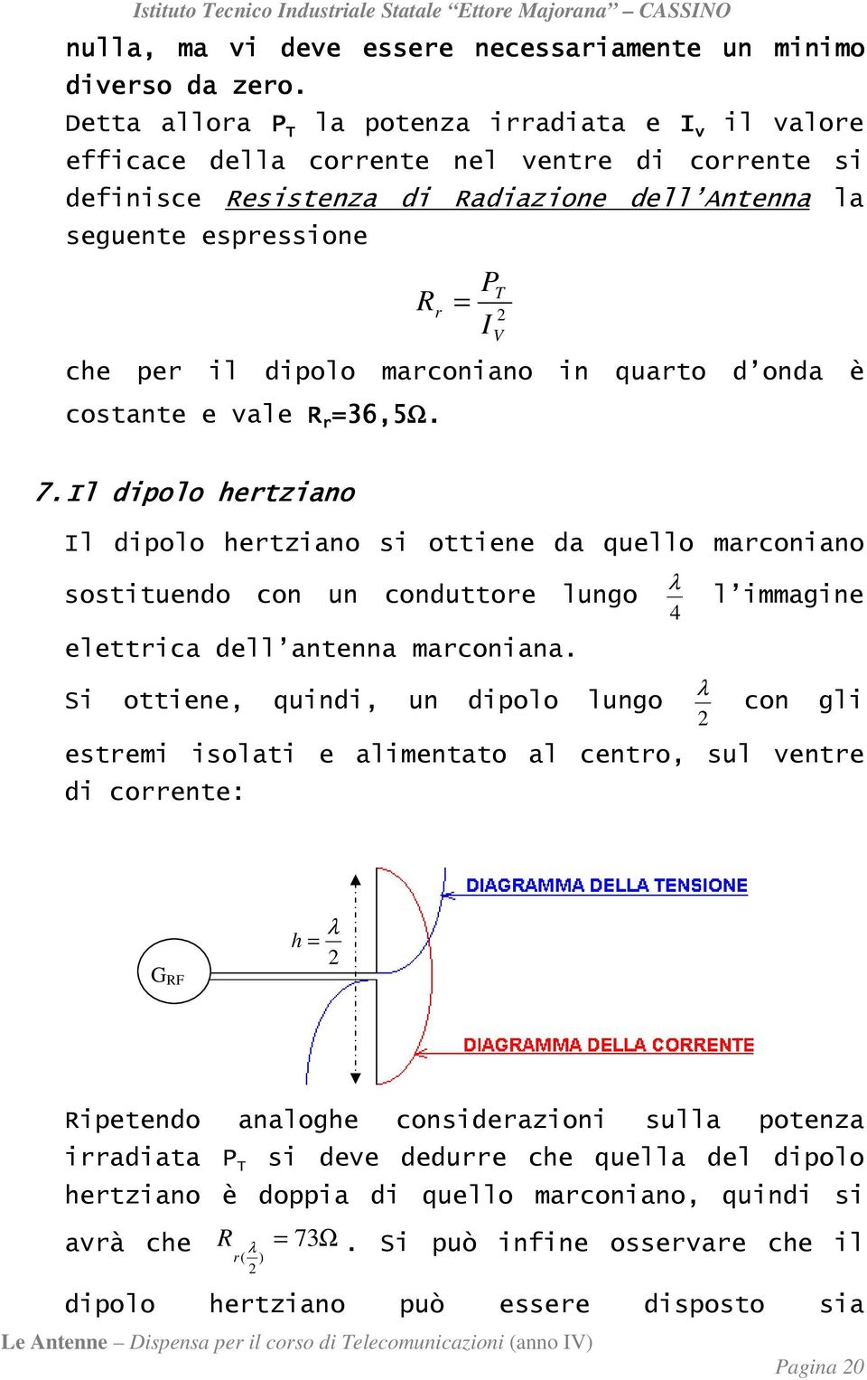 marconiano in quarto d onda è costante e vale R r =36,5Ω. P I T V 7.