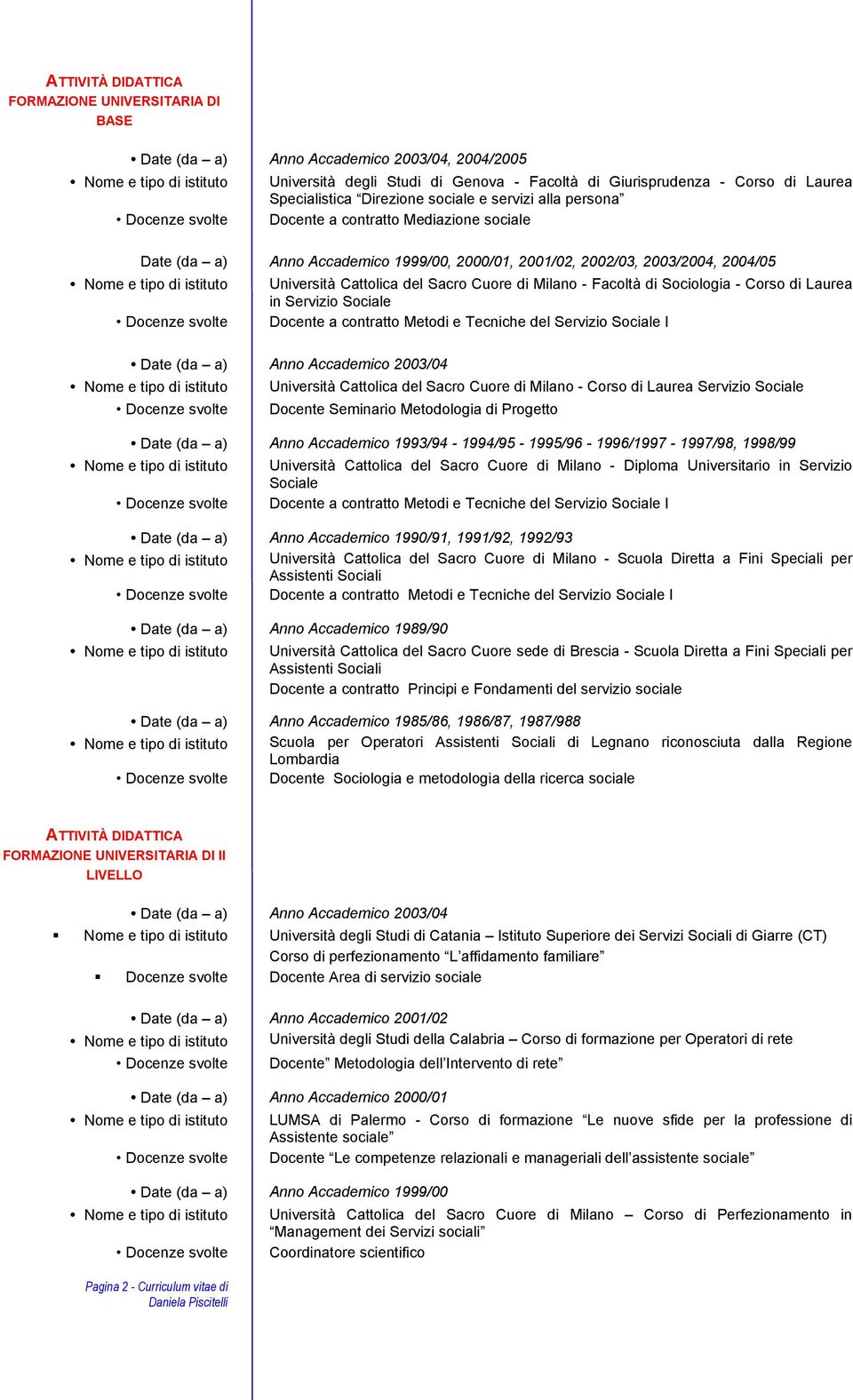 di Milano - Facoltà di Sociologia - Corso di Laurea in Servizio Sociale Docente a contratto Metodi e Tecniche del Servizio Sociale I Date (da a) Anno Accademico 2003/04 Università Cattolica del Sacro