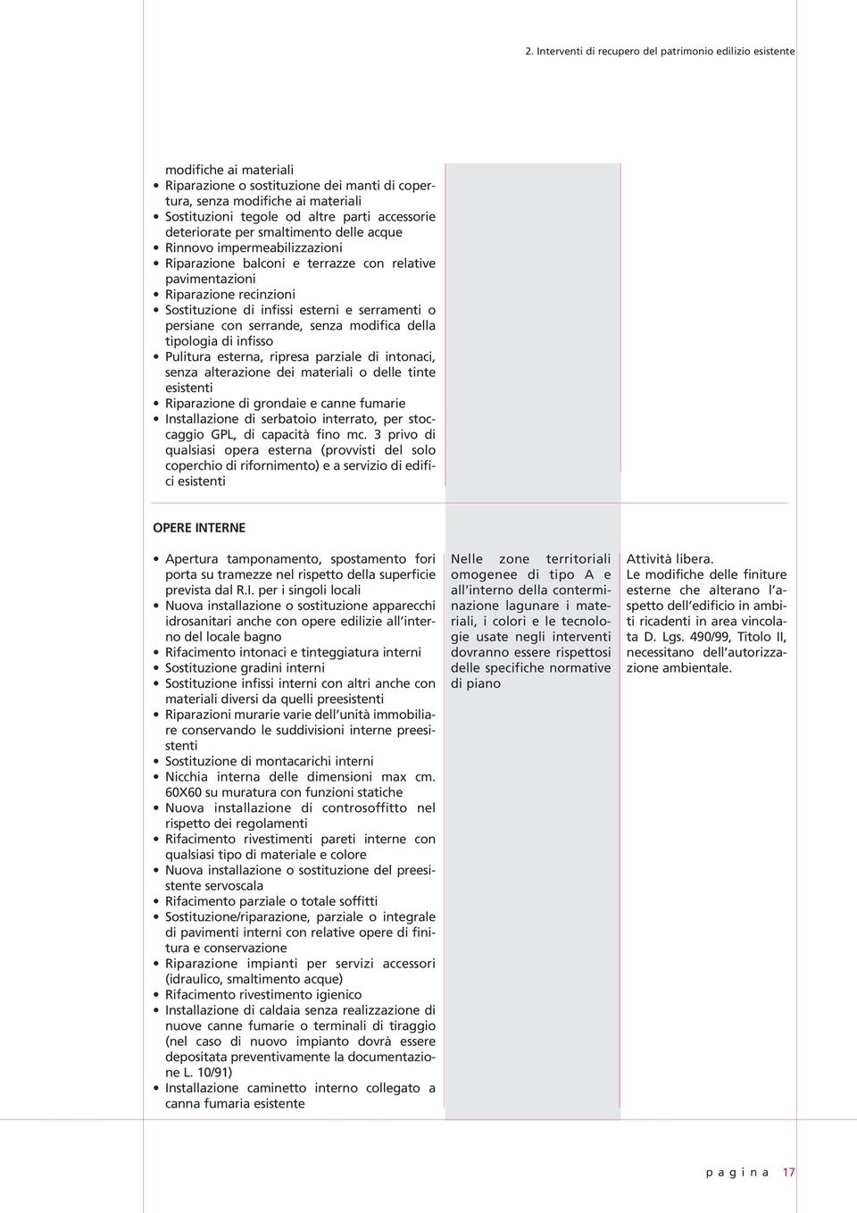 serramenti o persiane con serrande, senza modifica della tipologia di infisso Pulitura esterna, ripresa parziale di intonaci, senza alterazione dei materiali o delle tinte esistenti Riparazione di