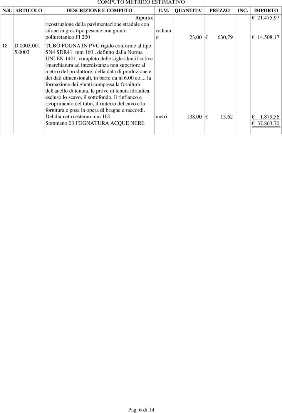 produttore, della data di produzione e dei dati dimensionali, in barre da m 6.00 co..., la formazione dei giunti compresa la fornitura dell'anello di tenuta, le prove di tenuta idraulica.