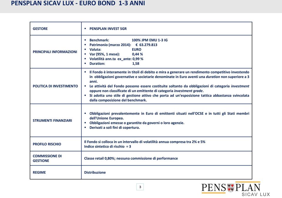 ta ex_ante: 0,99 % Duration: 1,58 Il Fondo è interamente in titoli di debito e mira a generare un rendimento competitivo investendo in obbligazioni governative e societarie denominate in Euro aventi