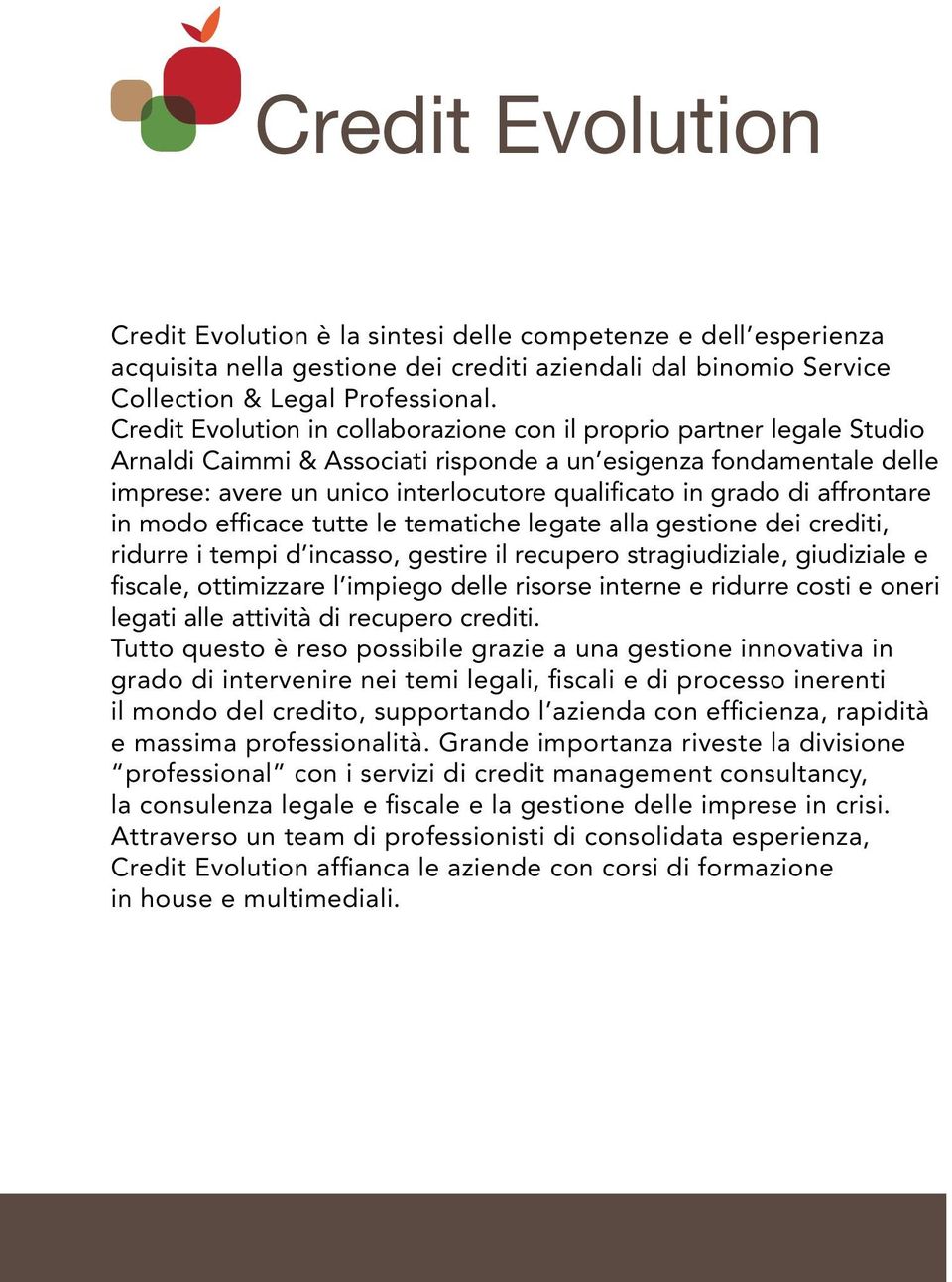 di affrontare in modo efficace tutte le tematiche legate alla gestione dei crediti, ridurre i tempi d incasso, gestire il recupero stragiudiziale, giudiziale e fiscale, ottimizzare l impiego delle