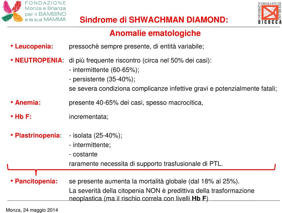 spesso macrocitica, incrementata; Piastrinopenia: - isolata (25-40%); - intermittente; - costante raramente necessita di supporto trasfusionale di PTL.