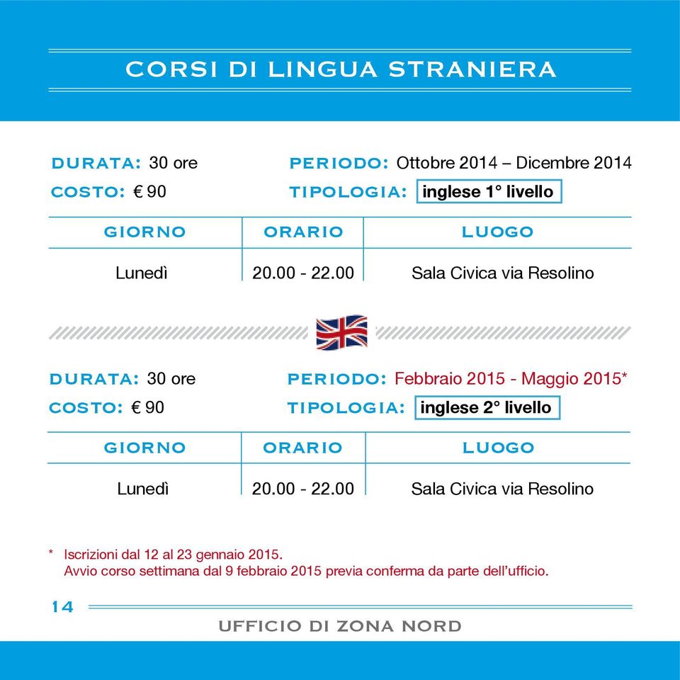 00 Sala Civica via Resolino durata: 30 ore periodo: Febbraio 2015 - Maggio 2015* tipologia: inglese 2 00