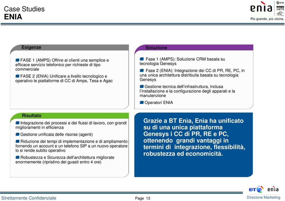 basata su tecnologia Genesys Gestione tecnica dell infrastruttura, inclusa l installazione e la configurazione degli apparati e la manutenzione Operatori ENIA Risultato Integrazione dei processi e