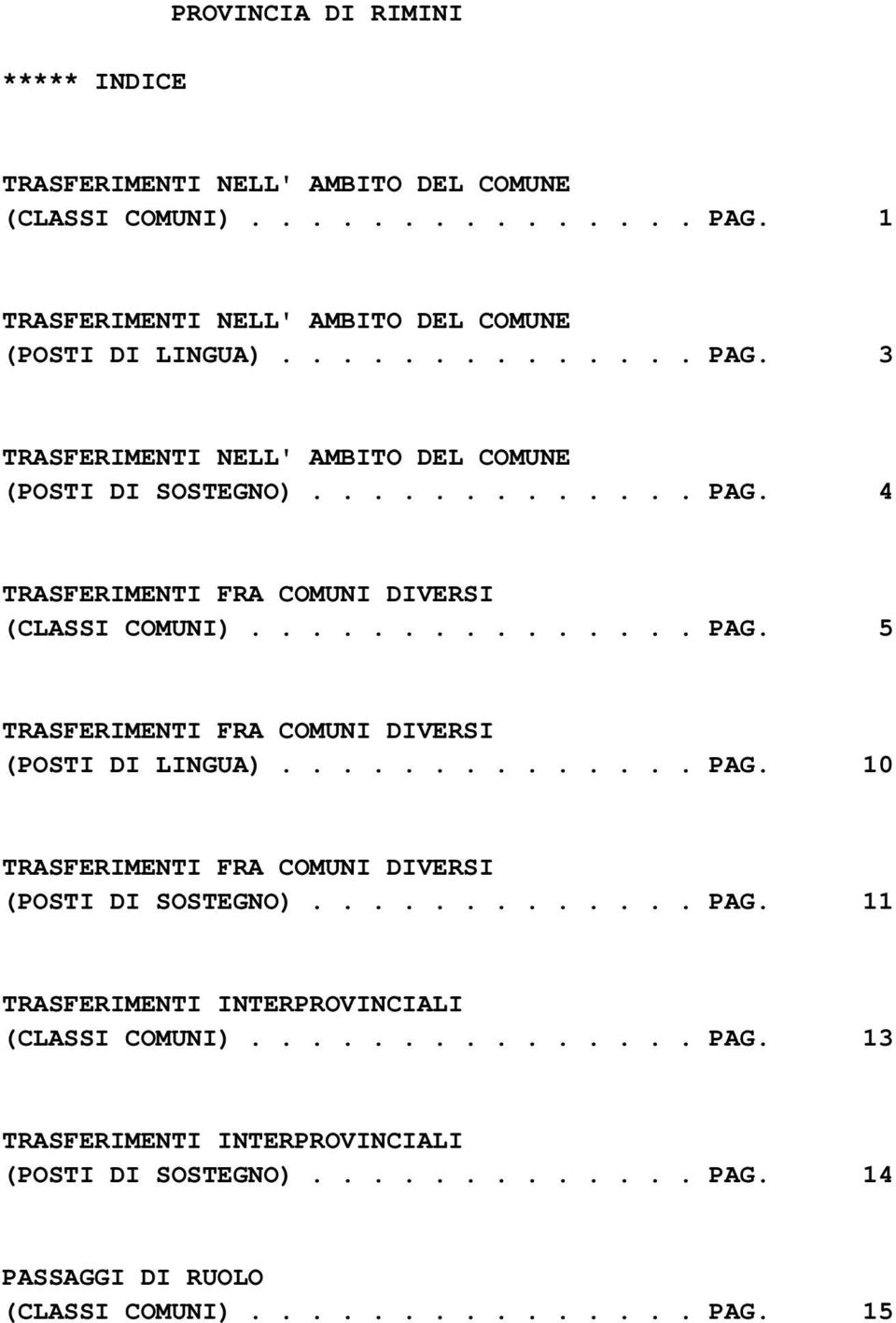 ............ PAG. 11 TRASFERIMENTI INTERPROVINCIALI (CLASSI COMUNI)............... PAG. 13 TRASFERIMENTI INTERPROVINCIALI (POSTI DI SOSTEGNO)............. PAG. 14 PASSAGGI DI RUOLO (CLASSI COMUNI).