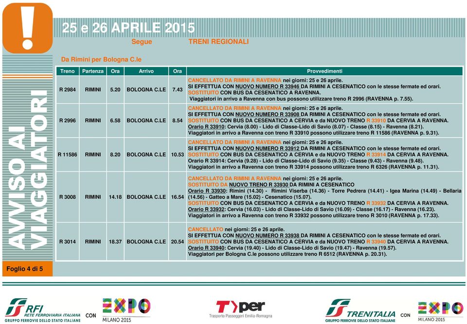 Viaggiatori in arrivo a Ravenna con bus possono utilizzare treno R 2996 (RAVENNA p. 7.55). SI EFFETTUA CON NUOVO NUMERO R 33908 DA RIMINI A CESENATICO con le stesse fermate ed orari.