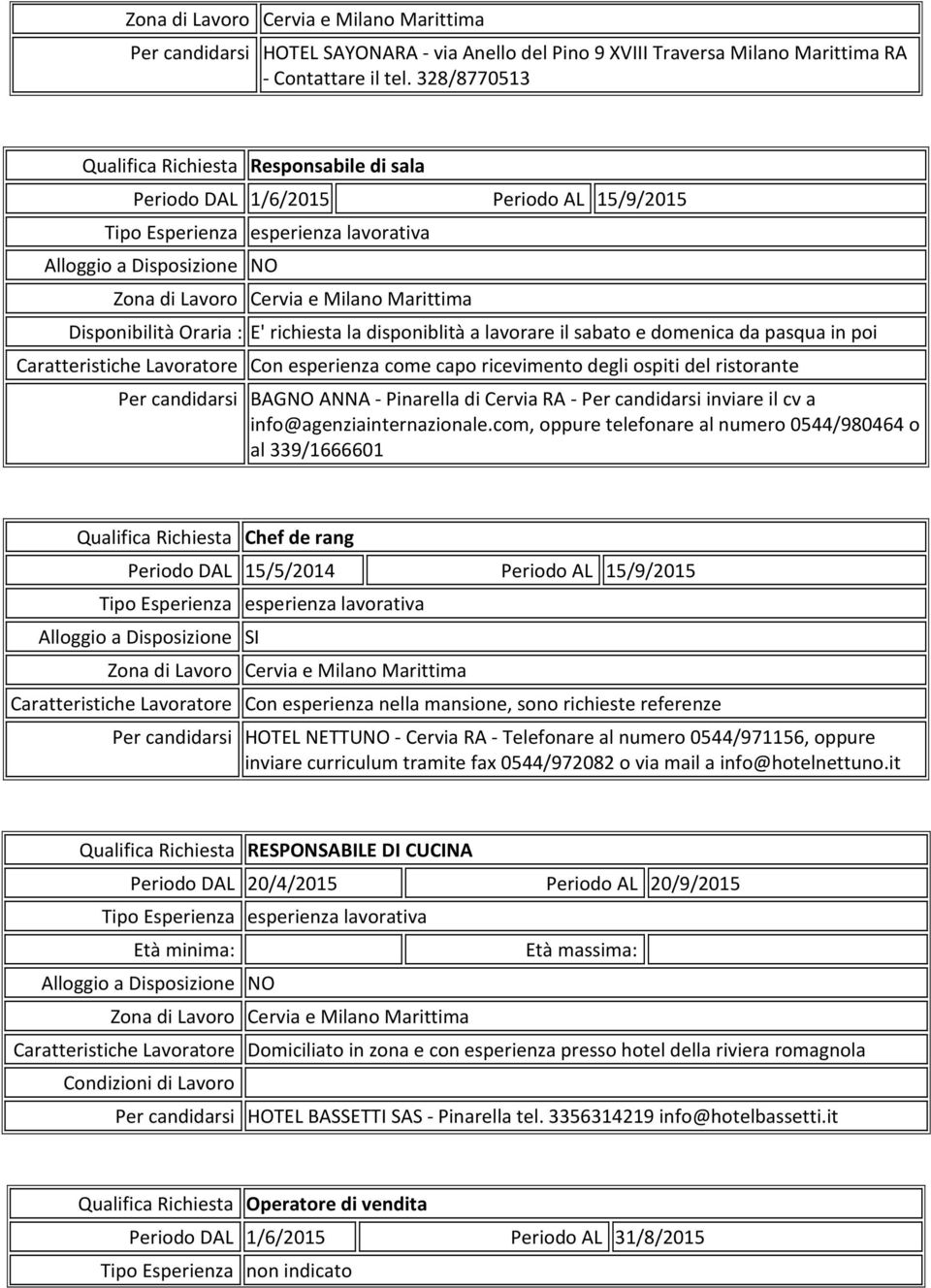 ricevimento degli ospiti del ristorante Per candidarsi BAGNO ANNA - Pinarella di Cervia RA - Per candidarsi inviare il cv a info@agenziainternazionale.