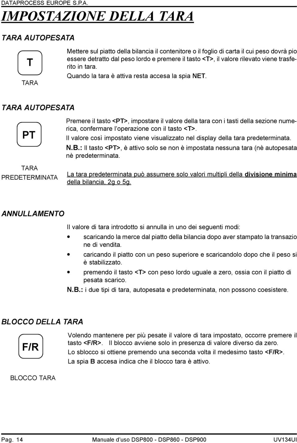 TARA AUTOPESATA PT TARA PREDETERMINATA Premere il tasto <PT>, impostare il valore della tara con i tasti della sezione numerica, confermare l operazione con il tasto <T>.