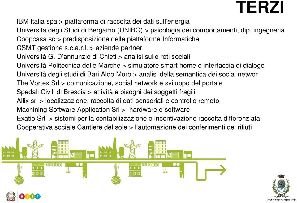 D annunzio di Chieti > analisi sulle reti sociali Università Politecnica delle Marche > simulatore smart home e interfaccia di dialogo Università degli studi di Bari Aldo Moro > analisi della