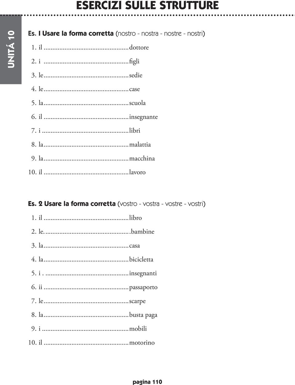 2 Usare la forma corretta (vostro - vostra - vostre - vostri) 1. il...libro 2. le....bambine 3. la...casa 4. la...bicicletta 5.