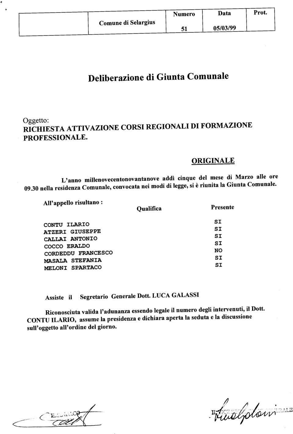 All'appello risultano : CONTU ILARIO ATZERI GIUSEPPE CALLAI ANTONIO COCCO ERALDO CORDEDDU FRANCESCO MASALA STEFANIA MELONI SPARTACO Qualifica Presente NO Assiste il Segretario