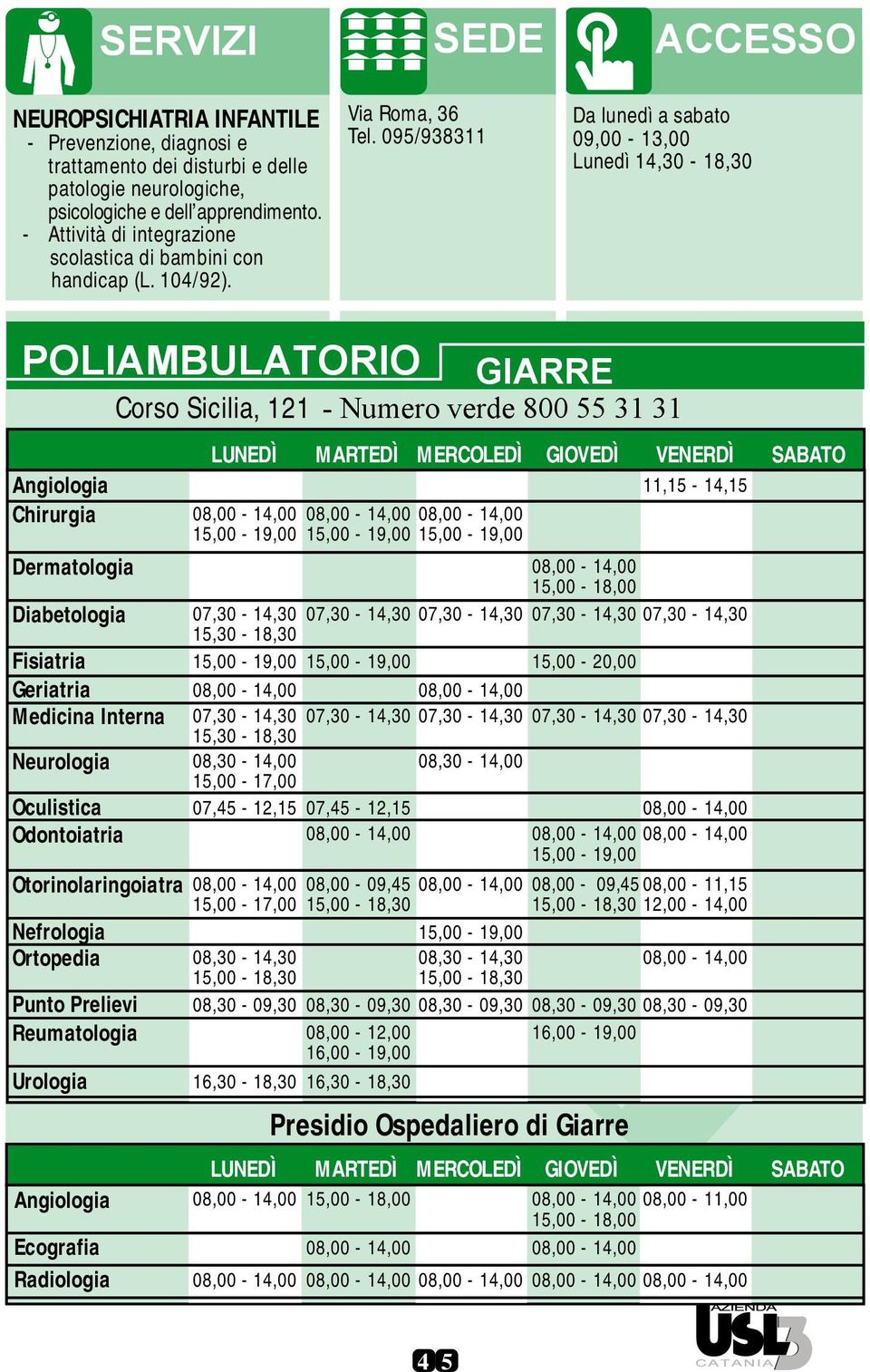 095/938311 Da lunedì a sabato 09,00-13,00 Lunedì 14,30-18,30 POLIAMBULATORIO GIARRE Corso Sicilia, 121 - Numero verde 800 55 31 31 Angiologia Chirurgia LUNEDÌ MARTEDÌ MERCOLEDÌ GIOVEDÌ VENERDÌ SABATO