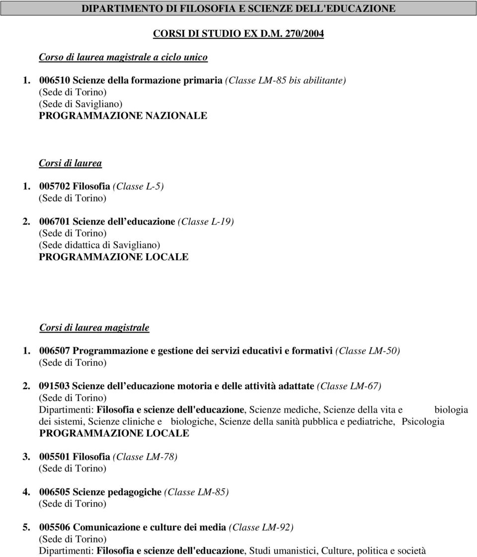 006507 Programmazione e gestione dei servizi educativi e formativi (Classe LM-50) 2.