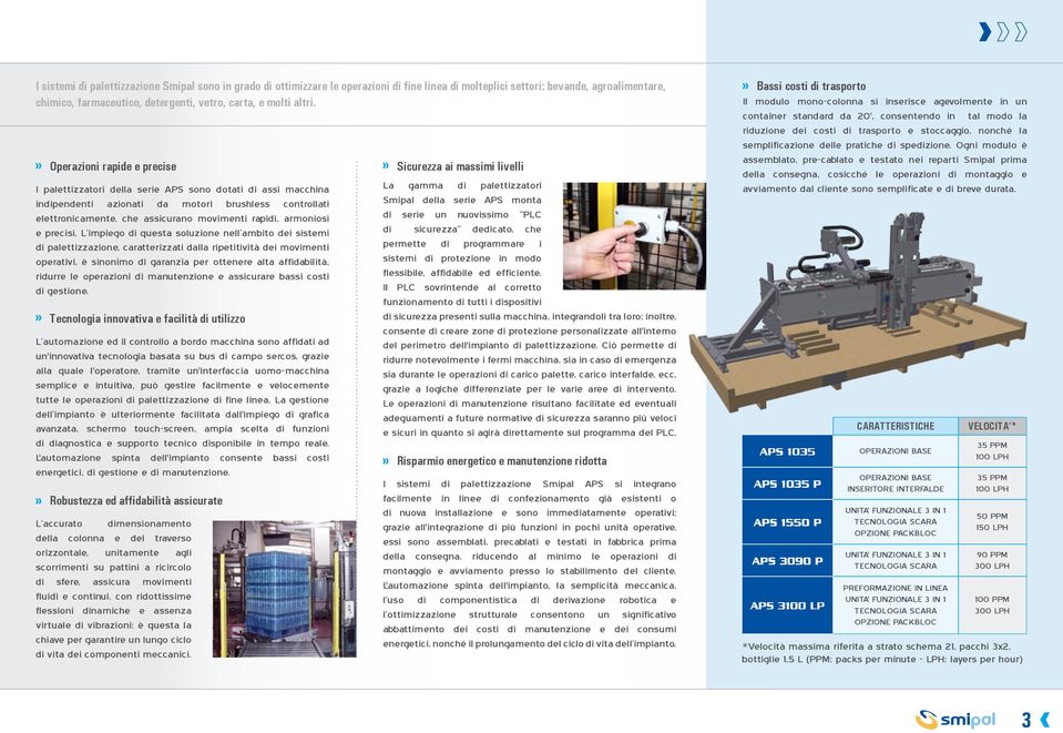 Operazioni rapide e precise I palettizzatori della serie APS sono dotati di assi macchina indipendenti azionati da motori brushless controllati elettronicamente, che assicurano movimenti rapidi,