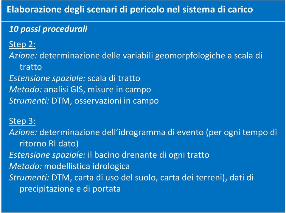 osservazioni in campo Step 3: Azione:determinazione dell idrogramma di evento (per ogni tempo di ritorno RI dato) Estensione spaziale: