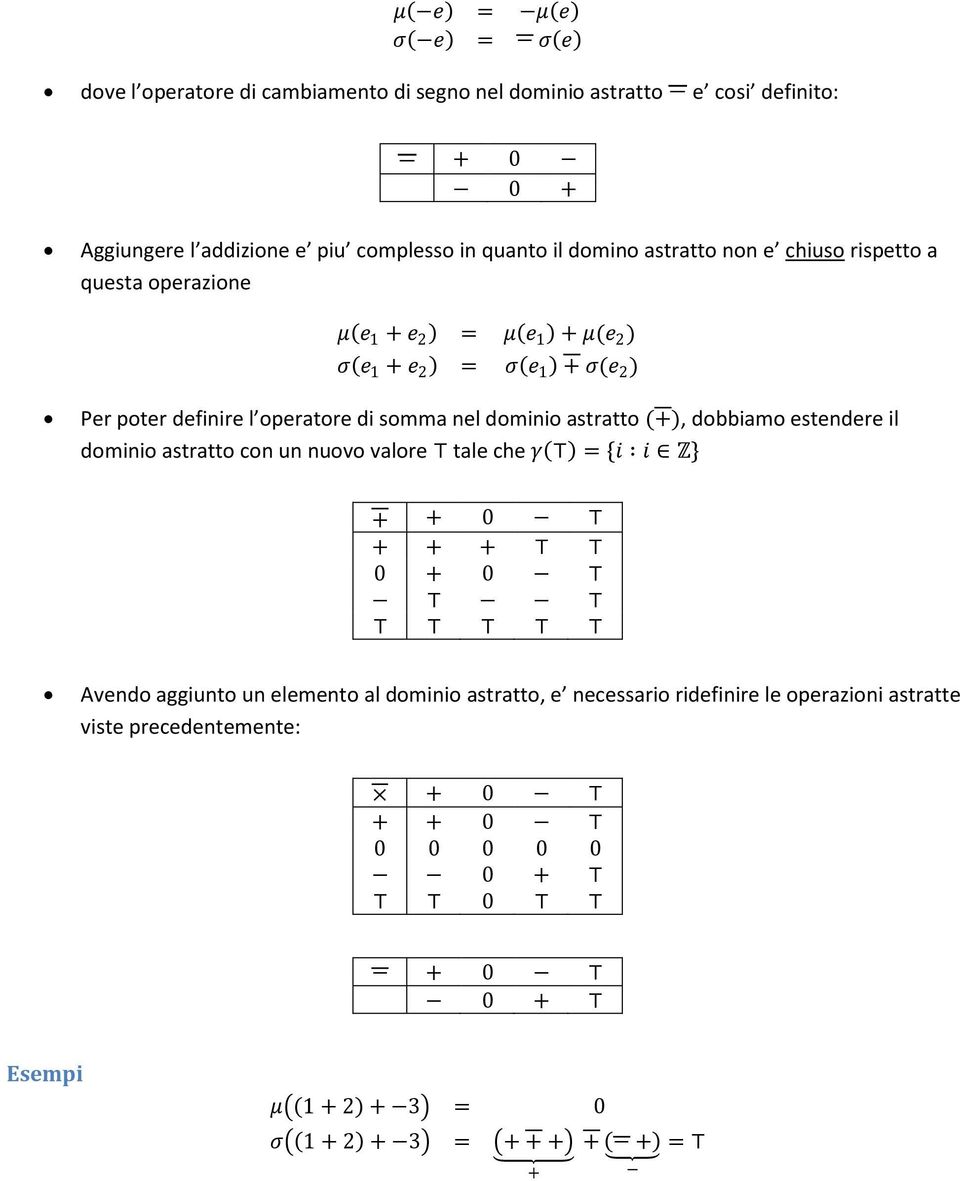 nel dominio astratto (+), dobbiamo estendere il dominio astratto con un nuovo valore tale che γ = {i i Z} + + 0 + + + 0 + 0 Avendo aggiunto un elemento al